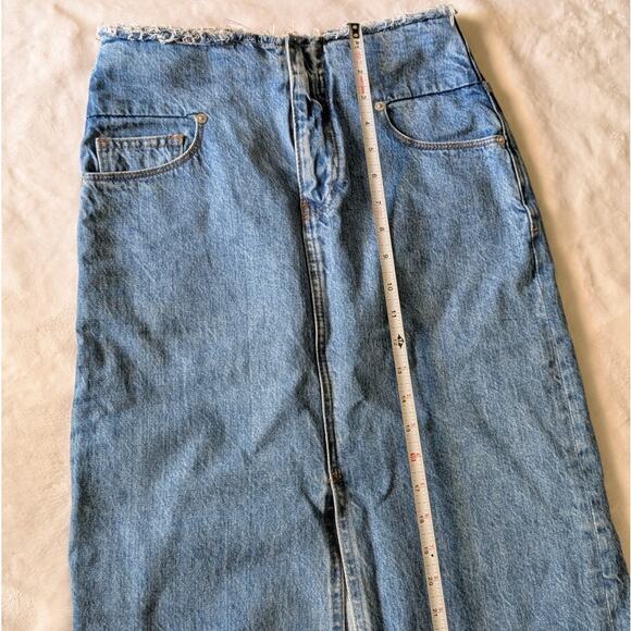 FRAME Blue Sea Cut Off Waist Denim Front Slit A-line Midi Maxi Skirt - Picture 6 of 11